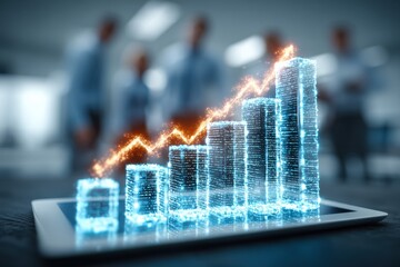 Business growth with holographic bar charts rising from a tablet as a blurred team watches
