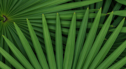 Vibrant green fan palm leaves overlapping in a natural tropical pattern with bold linear textures and lush botanical foliage