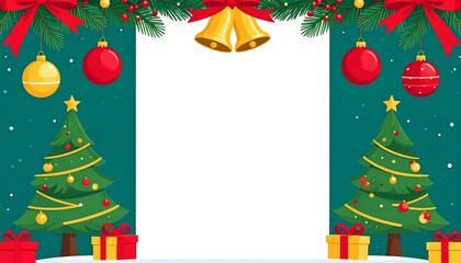 Festive holiday scene with two adorned trees, ornaments, a blank center, and bells. Green background, red bows, and gifts