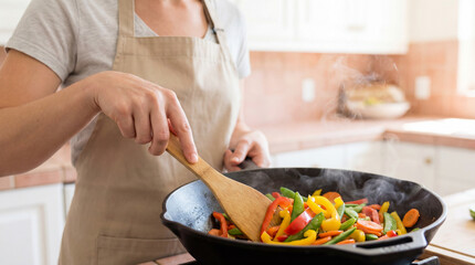 Woman cooking colorful mixed vegetables in a steaming cast iron pan on a bright home kitchen countertop