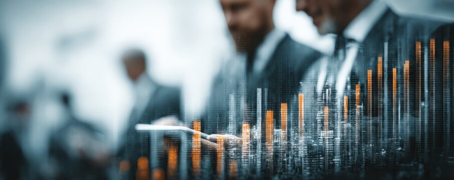 Business professionals use a tablet to analyze digital financial charts and market data - Powered by Adobe