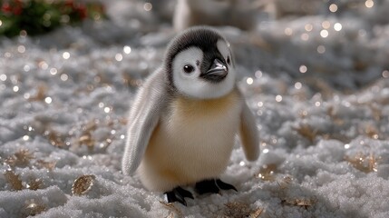Cute emperor penguin chick playing in the snow, surrounded by sparkling snowflakes and blurred penguin adults in the background