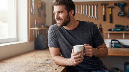 Smiling bearded man holding coffee mug while taking a break in a bright workshop with tools hanging on the wall behind