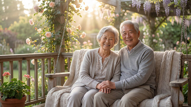 Smiling senior couple sitting together on cozy garden porch swing at sunset surrounded by blooming flowers and warm natural light - Powered by Adobe