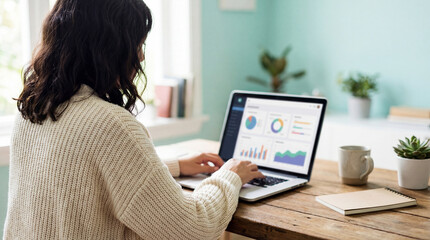 Woman working remotely at home analyzing business charts on laptop at wooden desk in bright modern living room workspace