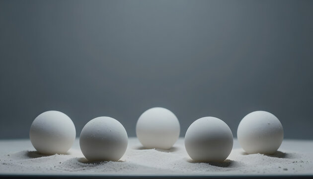 Boules blanches matte sur sable gris composition minimaliste zen