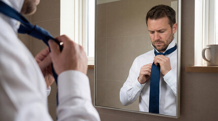 Focused man adjusting blue necktie in bathroom mirror before work, preparing formal business outfit with concentrated expression