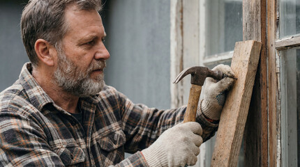 Mature carpenter using hammer to repair old wooden window frame outdoors in rustic workshop setting during daytime
