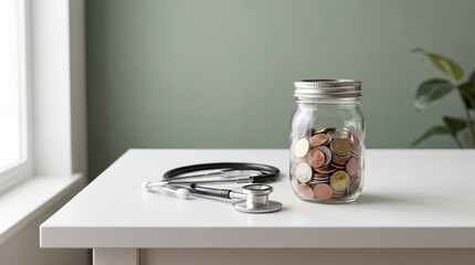 Glass jar filled with assorted coins beside stethoscope on white desk symbolizing medical expenses savings and financial healthcare planning
