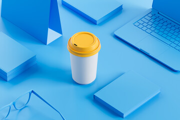 Creative coffee cup mockup with yellow lid surrounded by blue office items on monochrome blue...