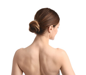 Fototapeta premium Woman with normal skin on white background, back view