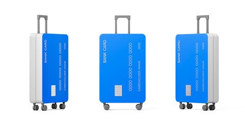 Creative concept of blue credit card-shaped travel suitcases standing upright with handles extended on white background. 3D Rendering