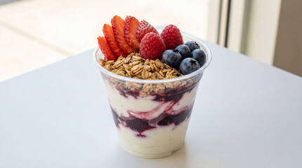 Creamy yogurt parfait with granola, fresh strawberries, raspberries, and blueberries in a clear cup on a light tabletop by a window