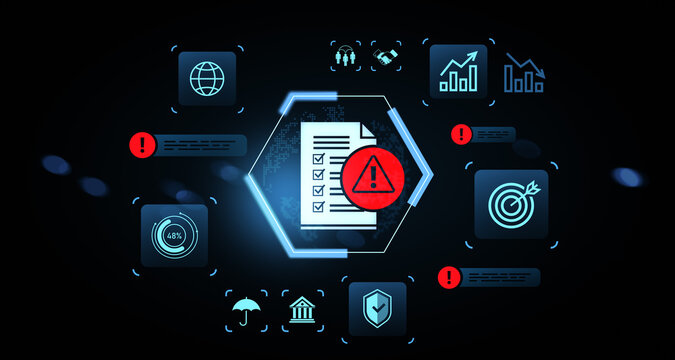 Cybersecurity risk alert concept with digital checklist and warning icons on futuristic interface blur background. 3D Rendering
