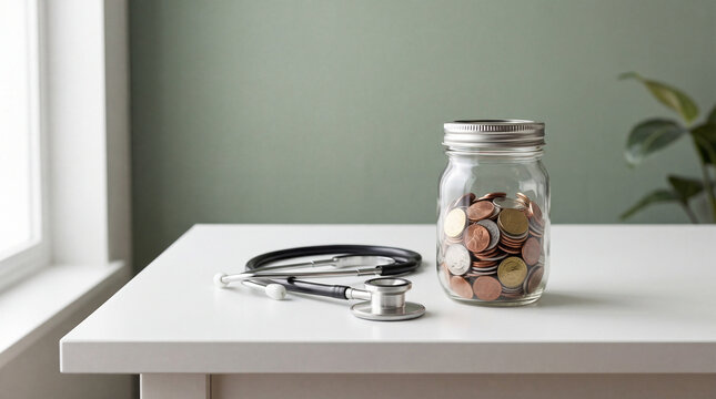 Glass jar filled with assorted coins beside stethoscope on white desk symbolizing medical expenses savings and financial healthcare planning - Powered by Adobe