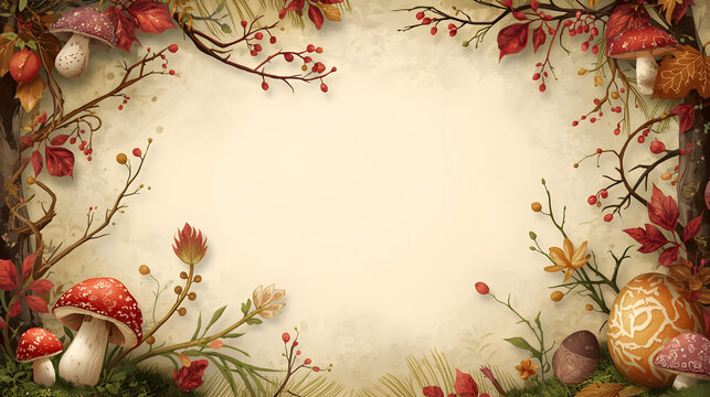 Cadre automnal f&eacute;erique avec champignons et &oelig;ufs d&eacute;coratifs