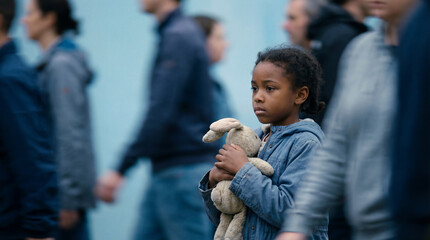 lonely young girl clutching stuffed toy while standing still among blurred crowd of walking adults in urban environment