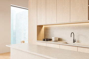 Obraz premium Minimalist modern kitchen interior with light wood cabinetry, stone countertop and urban cityscape view through large window in daylight. 3D Rendering. 3D Rendering