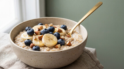 Creamy oatmeal breakfast bowl with sliced banana blueberries and almonds served with spoon by bright window on neutral cloth