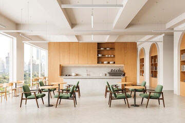 Modern interior cafe with green chairs, wood accents, and city view through large windows in a bright and minimal architectural design. 3D Rendering