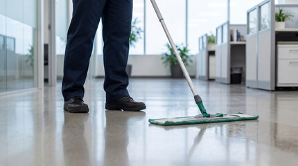 Person cleaning polished office hallway floor with mop, maintaining workplace hygiene and tidiness near modern glass partition walls