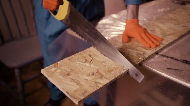 Close-up Shot Of Hand Saw Cutting OSB Wood Board Precisely