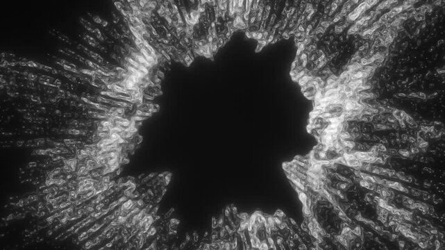 Metallic silver patterns radiating around a dark void