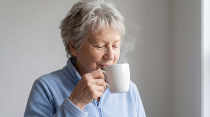 content senior woman enjoying a warm drink indoors, relaxed elderly lady savoring hot beverage in peaceful natural morning light