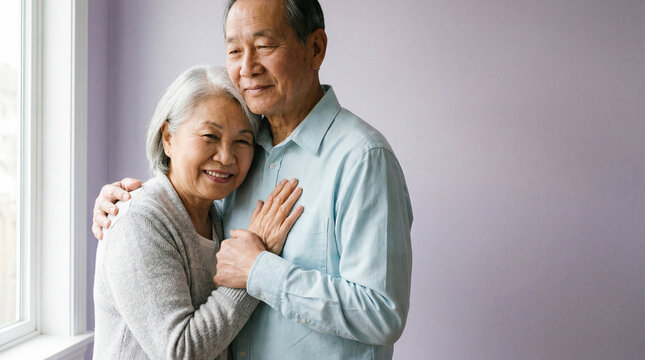 Elderly asian couple embracing lovingly indoors near window with soft pastel background and gentle natural light - Powered by Adobe