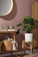 Monstera houseplant and stylish furniture with decor at home. Interior design