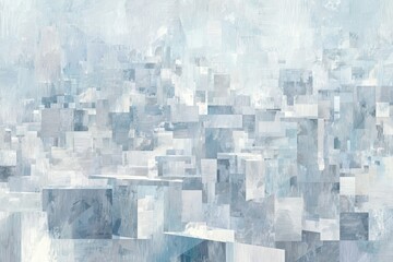 An abstract cityscape evokes a cool, icy, and serene atmosphere, rendered with broad brushstrokes