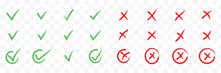 Check tick mark icon set. Cross box x check mark checkbox v list vector draw hand drawn sketch doodle brush marker checklist symbol wrong right circle. Vector Illustration. Cross box x check mark icon © Hike Studio 786