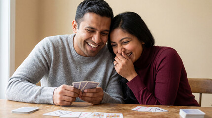 Joyful couple playing cards together at home, laughing and bonding over a fun game at a cozy wooden kitchen table