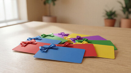 Colorful gift cards arranged in a fan shape on wooden table with decorative bows and soft natural light from window in cozy room