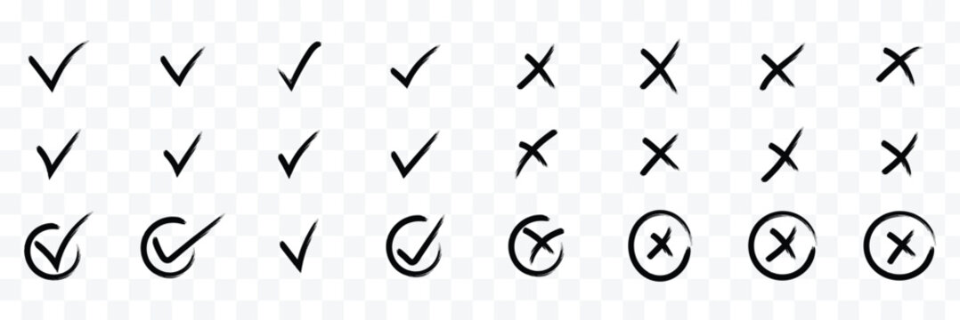Check tick mark icon set. Cross box x check mark checkbox v list vector draw hand drawn sketch doodle brush marker checklist symbol wrong right circle. Vector Illustration. Cross box x check mark icon