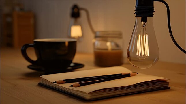 Warm and inviting desk scene illuminated by a glowing vintage Edison bulb, showcasing an open notebook, pencils, and a coffee cup, evoking a sense of calm and creative inspiration
