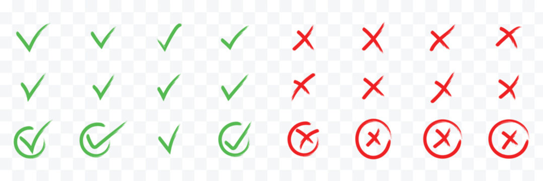 Check tick mark icon set. Cross box x check mark checkbox v list vector draw hand drawn sketch doodle brush marker checklist symbol wrong right circle. Vector Illustration. Cross box x check mark icon