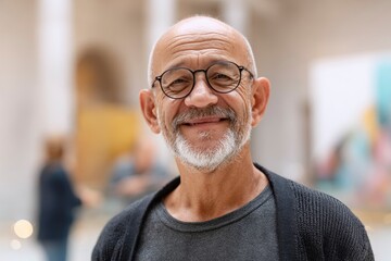 Joyful elder man with beard and glasses smiling in modern gallery