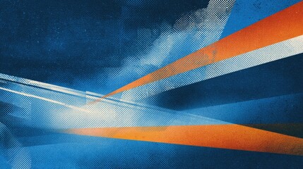 An abstract composition features blue and orange streaks creating a dynamic, textured design