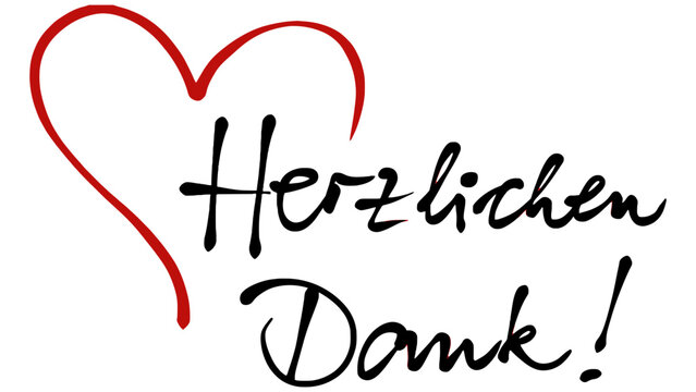 A handwritten herzlichen dank text with a red heart on a white background