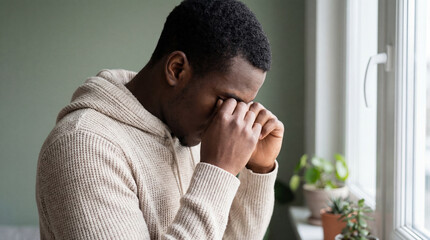 Man standing by window pressing fingers to eyes in stress, feeling overwhelmed and exhausted in quiet home with indoor plants nearby