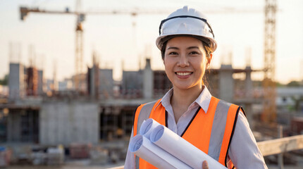 Smiling female engineer wearing safety helmet and reflective vest holding construction blueprints at urban building site with cranes