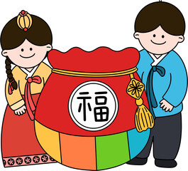 새해 설날 명절 인사 사람 캐릭터 복주머니 라인드로잉(new year hanbok character line drawing)