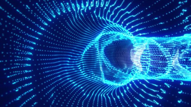 Flowing vortex made of glowing blue digital dots