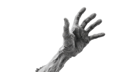 Withered, spooky hand reaching up, its skin gray, wrinkled, and decaying, representing concepts of horror, death, fear, and halloween, with a transparent background