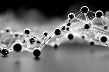 Abstract black and white molecular network of interconnected spheres and lines, science and technology concept