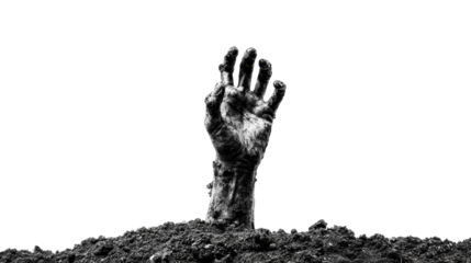 Undead zombie hand bursting from dirt, decayed and reaching upward from a grave, spooky horror element for halloween, apocalypse, thriller and supernatural projects, transparent png