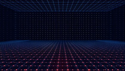Vibrant digital grid pattern creating an abstract futuristic backdrop with glowing nodes, ideal for technology and virtual reality concepts