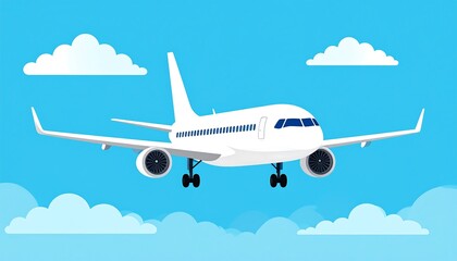 Fototapeta premium A cartoon-style airplane flies through a vibrant blue sky filled with fluffy white clouds, suggesting travel and freedom