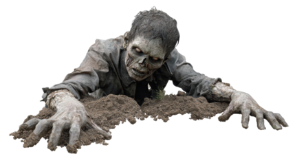 Zombie undead monster with pale skin and glowing eyes emerging from grave dirt, rising from the dead, symbolizing horror, fear, and apocalypse on transparent background